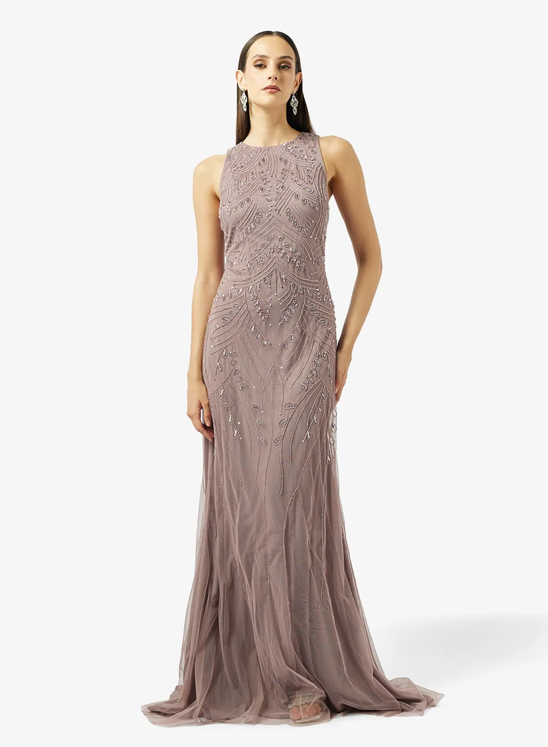 Bead Embellished Evening Gown with Trail